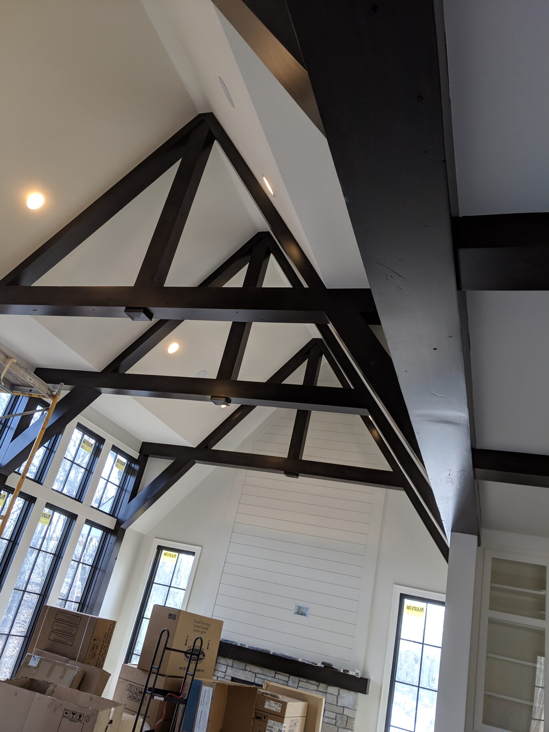 Cathedral ceiling with exposed dark timber frame trusses