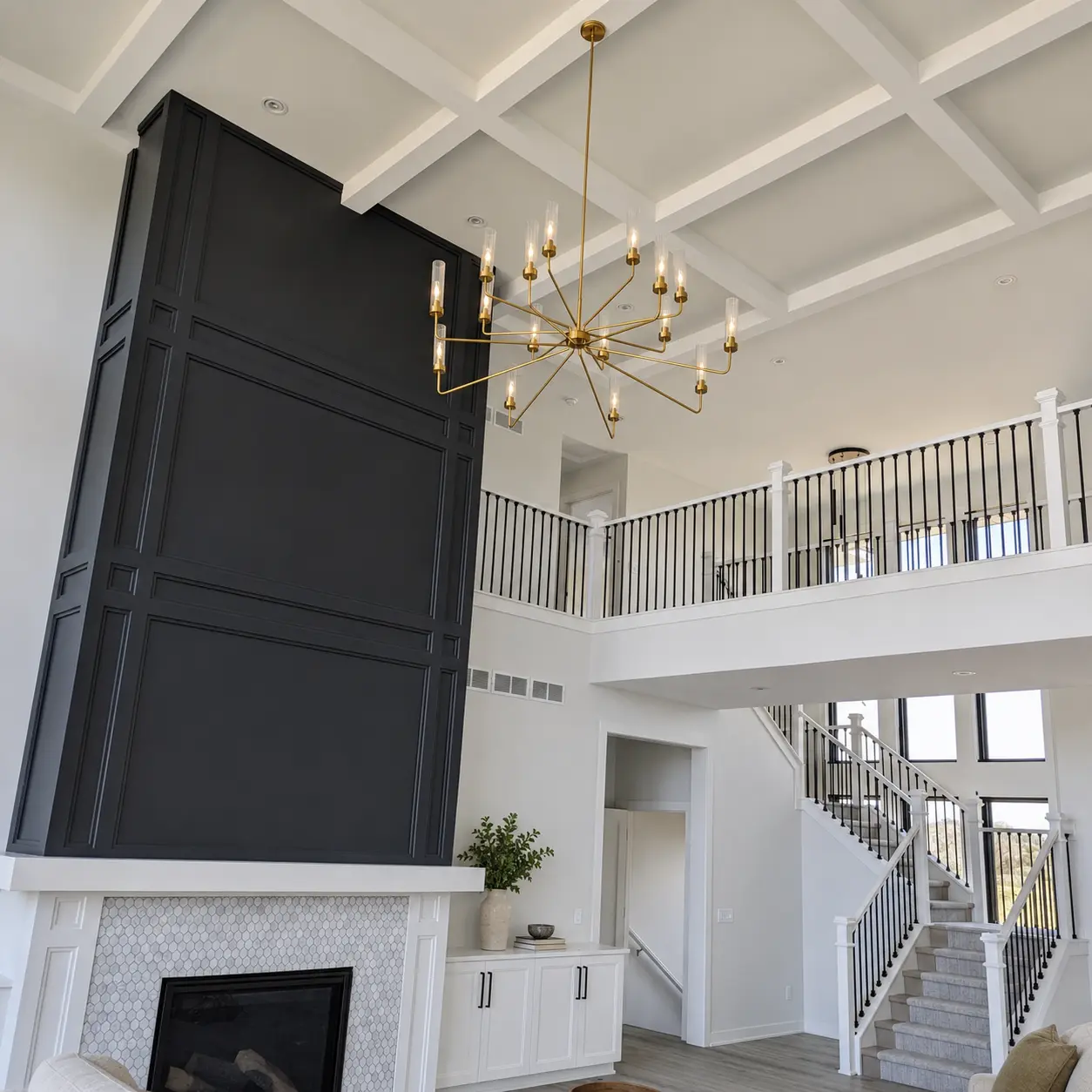 Finished-project visualization of Signature Finish Carpentry coffered ceiling, staircase, and interior millwork